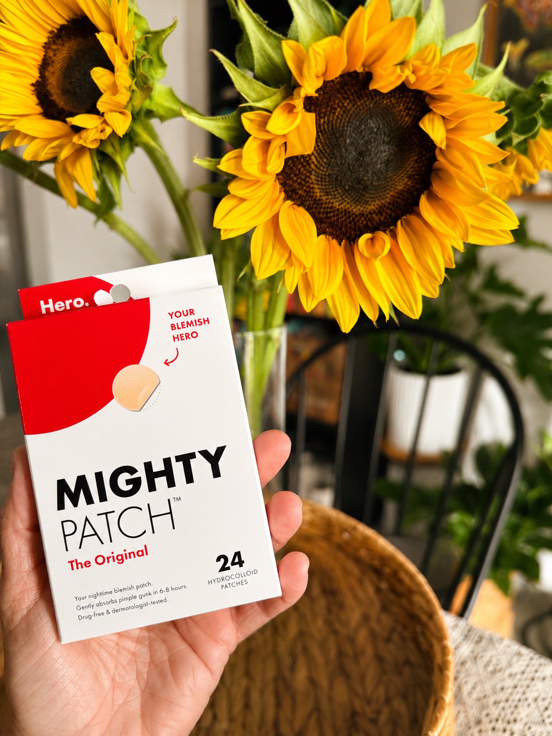 Mighty Patch product with sunflowers